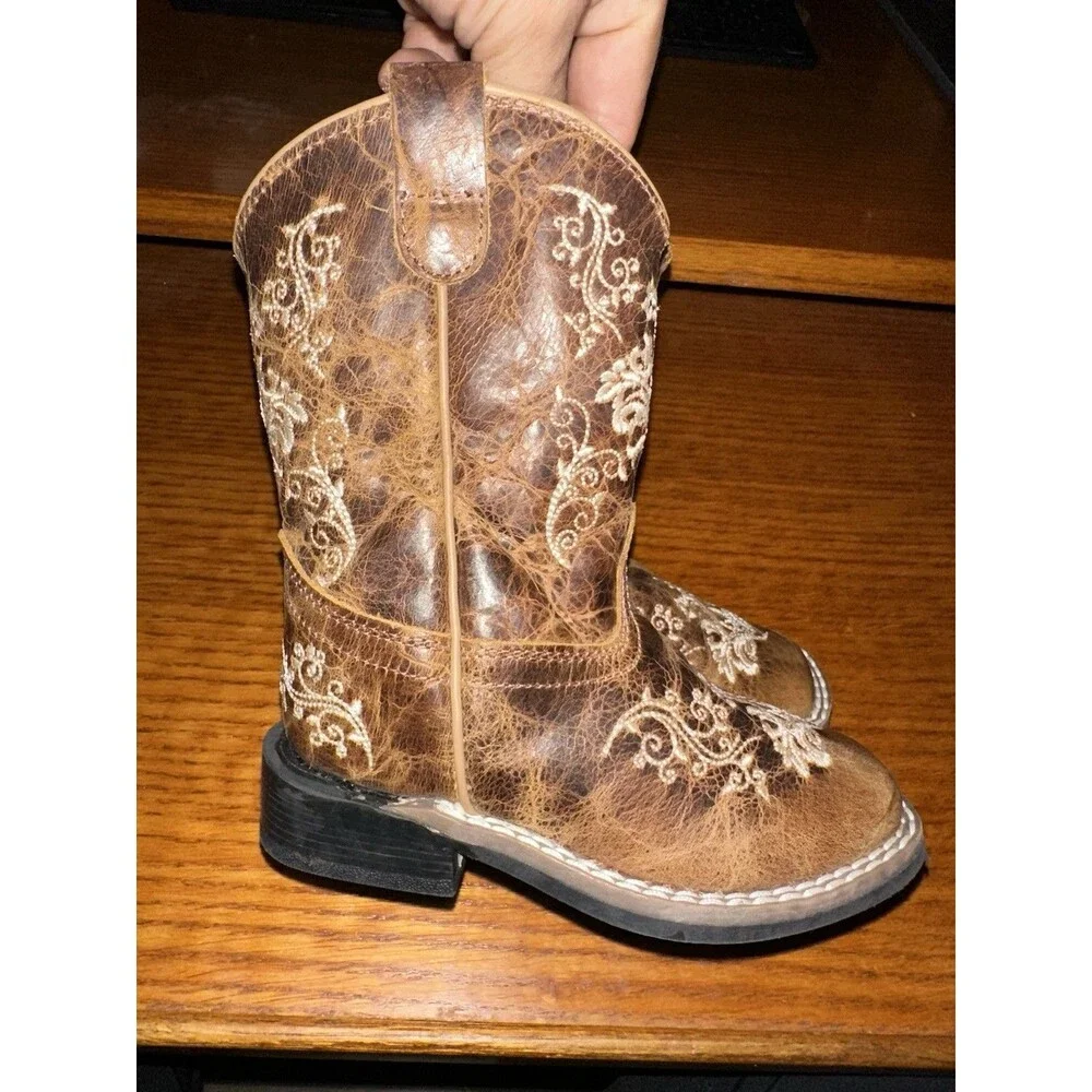 Old West Western Boots Baby Girl Zip Leather Heavy Stitch Burnt Tan BSI1958 LkNw